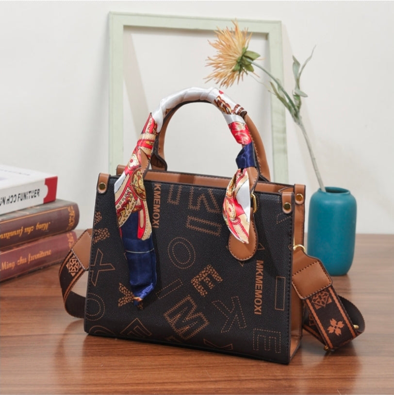 Women’s Printed Top Handle Handbag with Scarf & Shoulder Strap