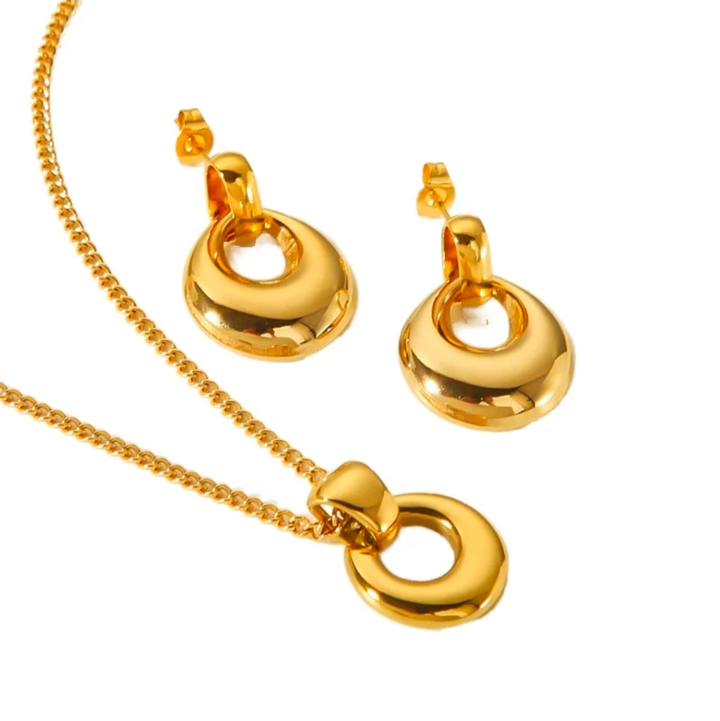 Gold-Tone Stainless Steel Round Pendant Necklace & Earrings Set