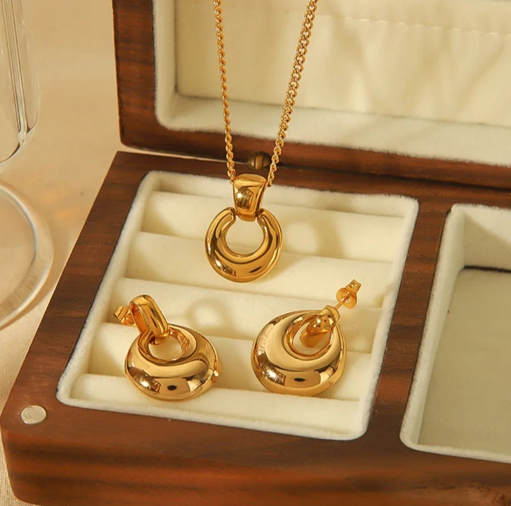 Gold-Tone Stainless Steel Round Pendant Necklace & Earrings Set