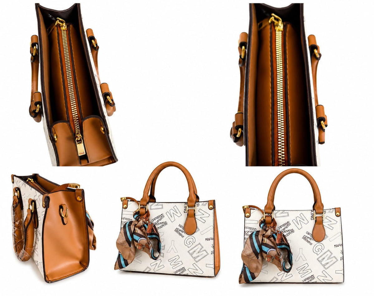 Women’s Printed Top Handle Handbag with Scarf & Shoulder Strap
