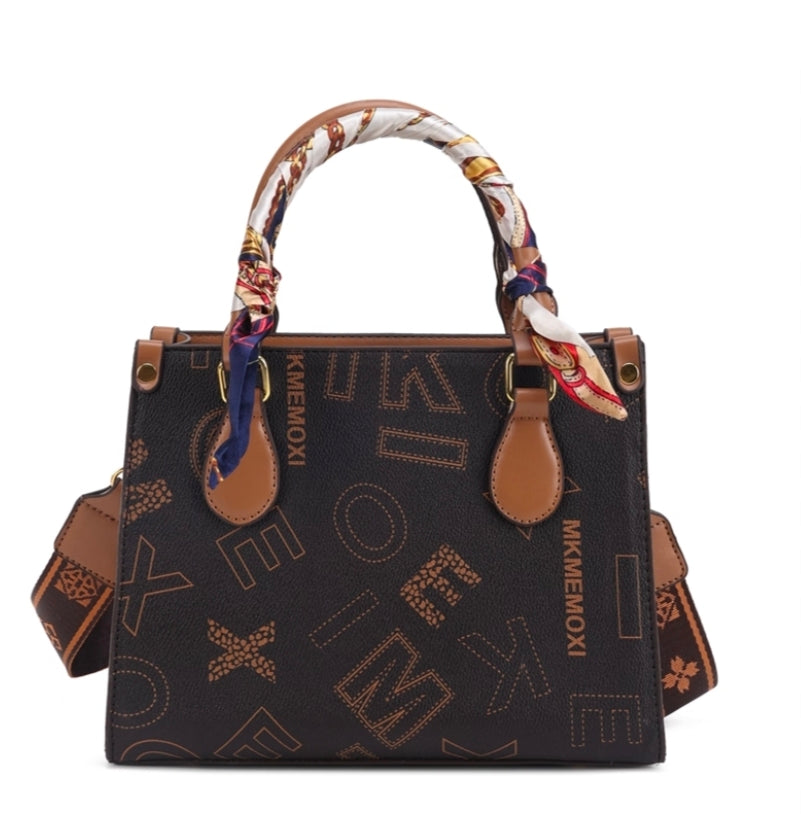Women’s Printed Top Handle Handbag with Scarf & Shoulder Strap