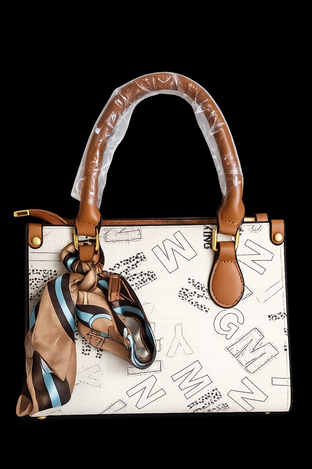 Women’s Printed Top Handle Handbag with Scarf & Shoulder Strap